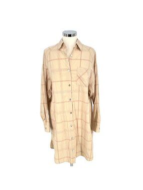Jackson Rowe Beau Plaid Button-Up Oversized Shirt Dress Beige Size Medium NWOT